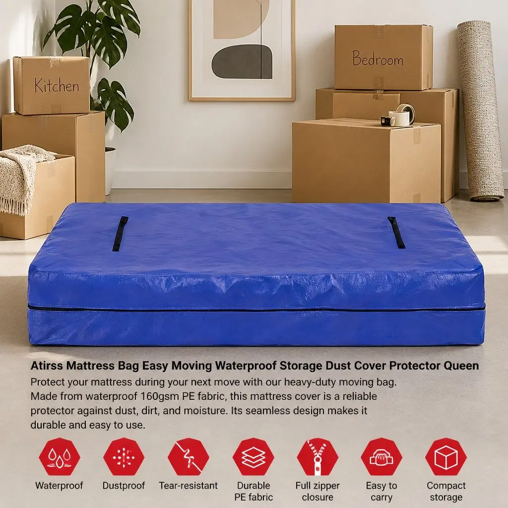 Queen Mattress Protector Waterproof Dust Cover Moving Storage Heavy Duty PE Fabric Blue