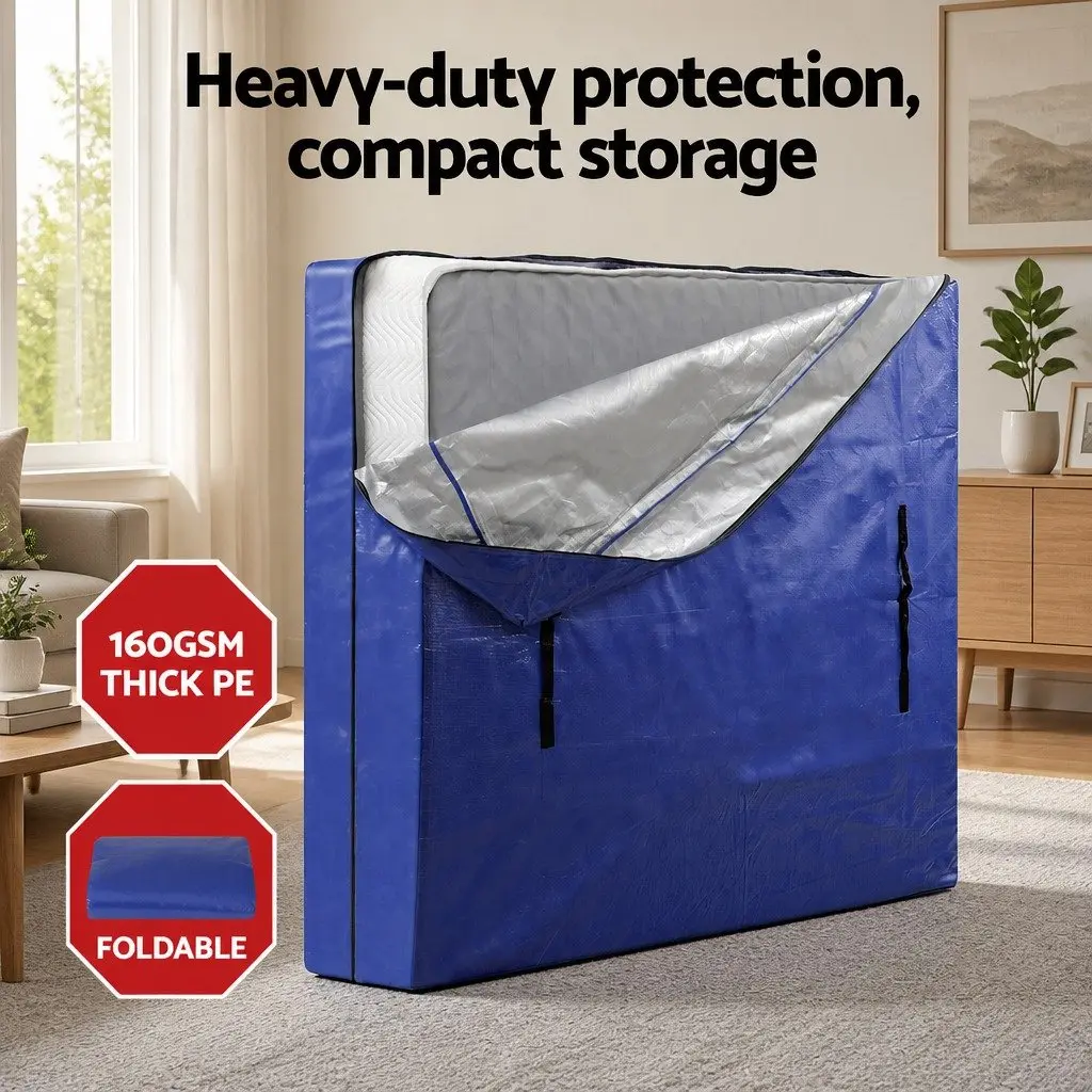 Queen Mattress Protector Waterproof Dust Cover Moving Storage Heavy Duty PE Fabric Blue