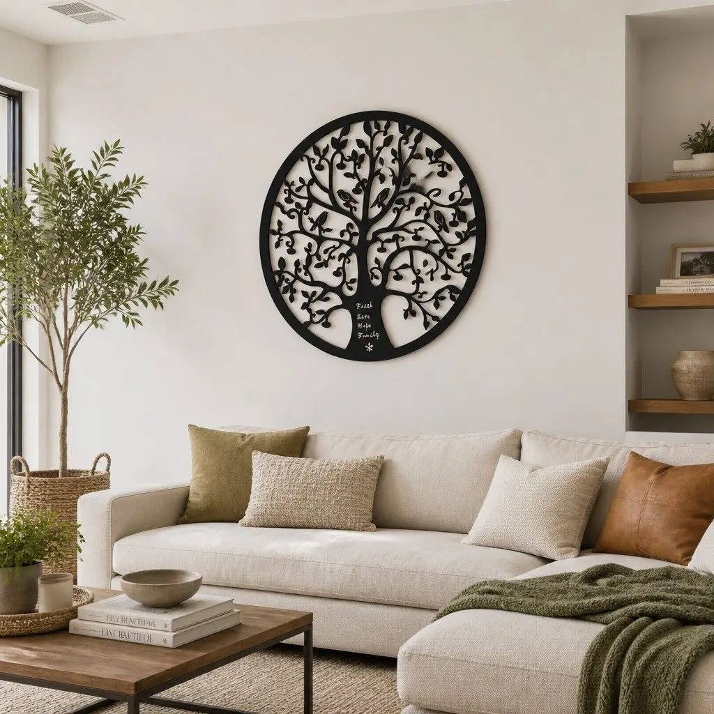 Metal Wall Art Sculpture Black Round Frame Tree of Life 60cm Home Decor