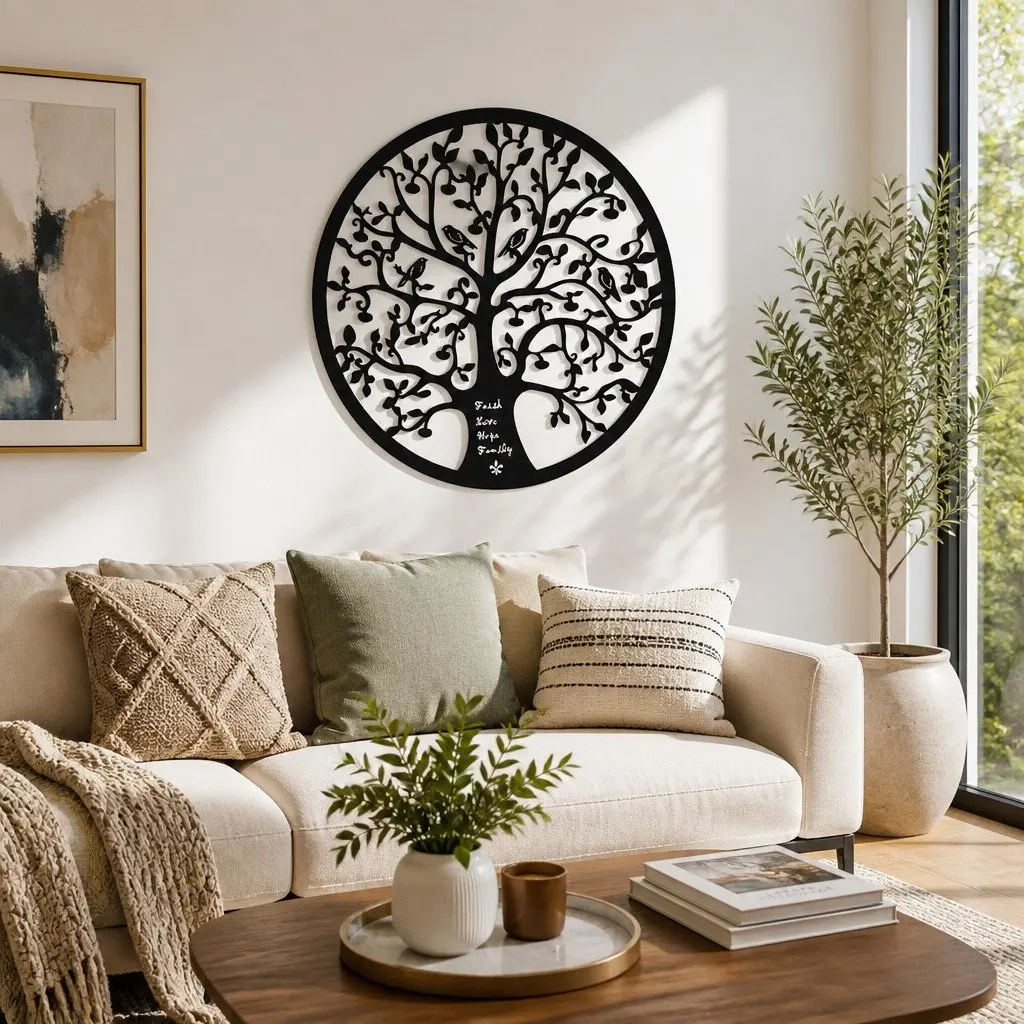 Metal Wall Art Sculpture Black Round Frame Tree of Life 60cm Home Decor