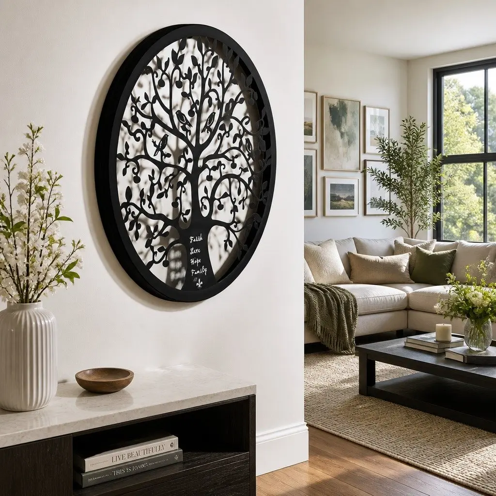 Metal Wall Art Sculpture Black Round Frame Tree of Life 60cm Home Decor