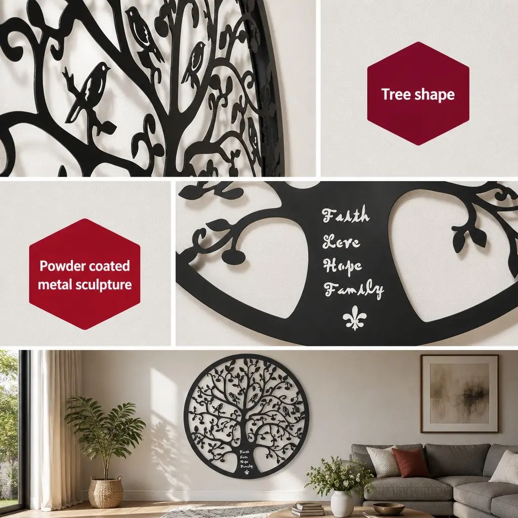 Metal Wall Art Sculpture Black Round Frame Tree of Life 60cm Home Decor