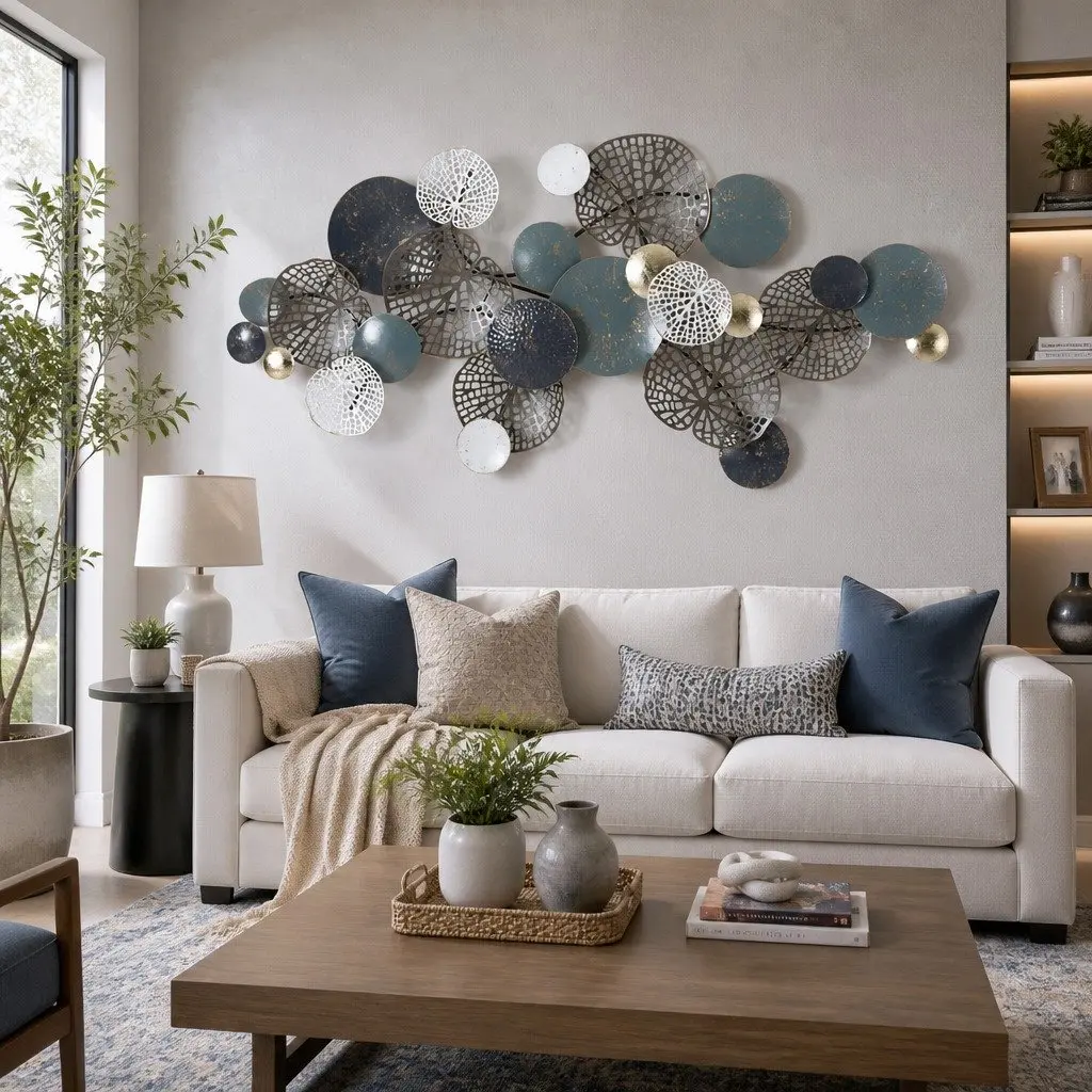 Metal Wall Art Hanging Sculpture 132cm Tree Leaf Circles Blue Home Decor 3D