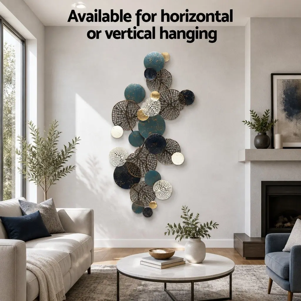 Metal Wall Art Hanging Sculpture 132cm Tree Leaf Circles Blue Home Decor 3D