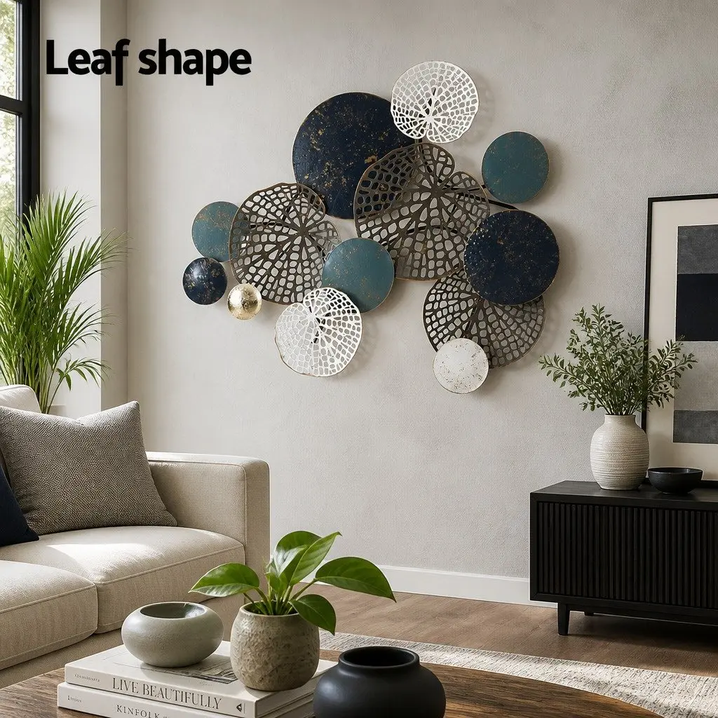 Metal Wall Art Hanging Sculpture 132cm Tree Leaf Circles Blue Home Decor 3D