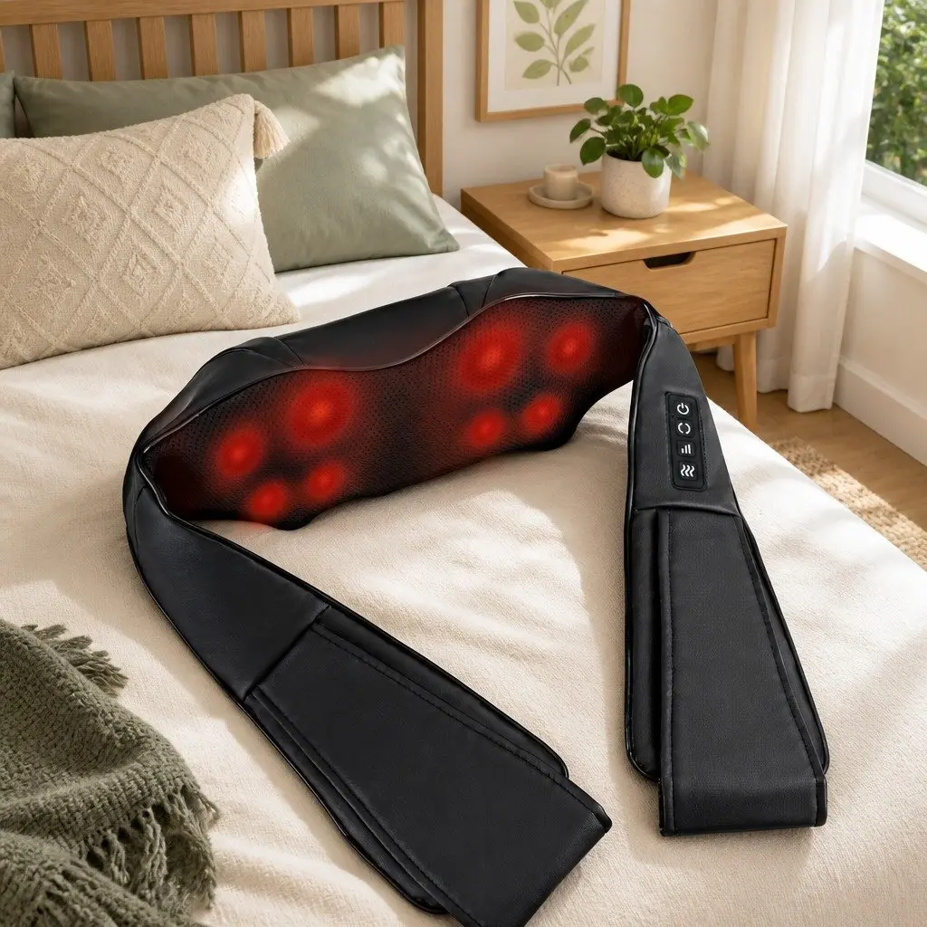 Neck Massager PU Leather 45cm x 50cm Black 8 Massage Nodes Heated Relaxation Device