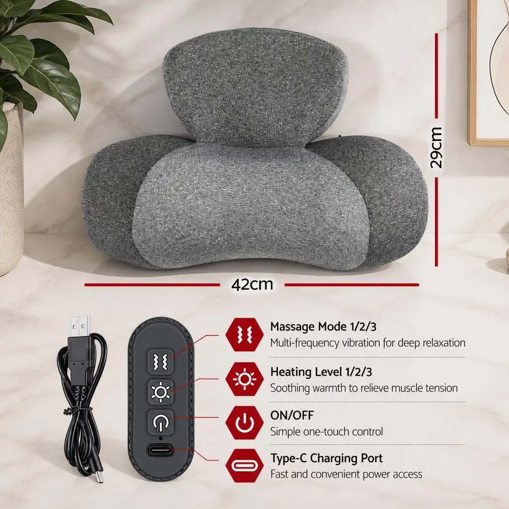 Neck Massager Pillow Memory Foam Ergonomic 2-in-1 Heat Vibration Therapy Grey
