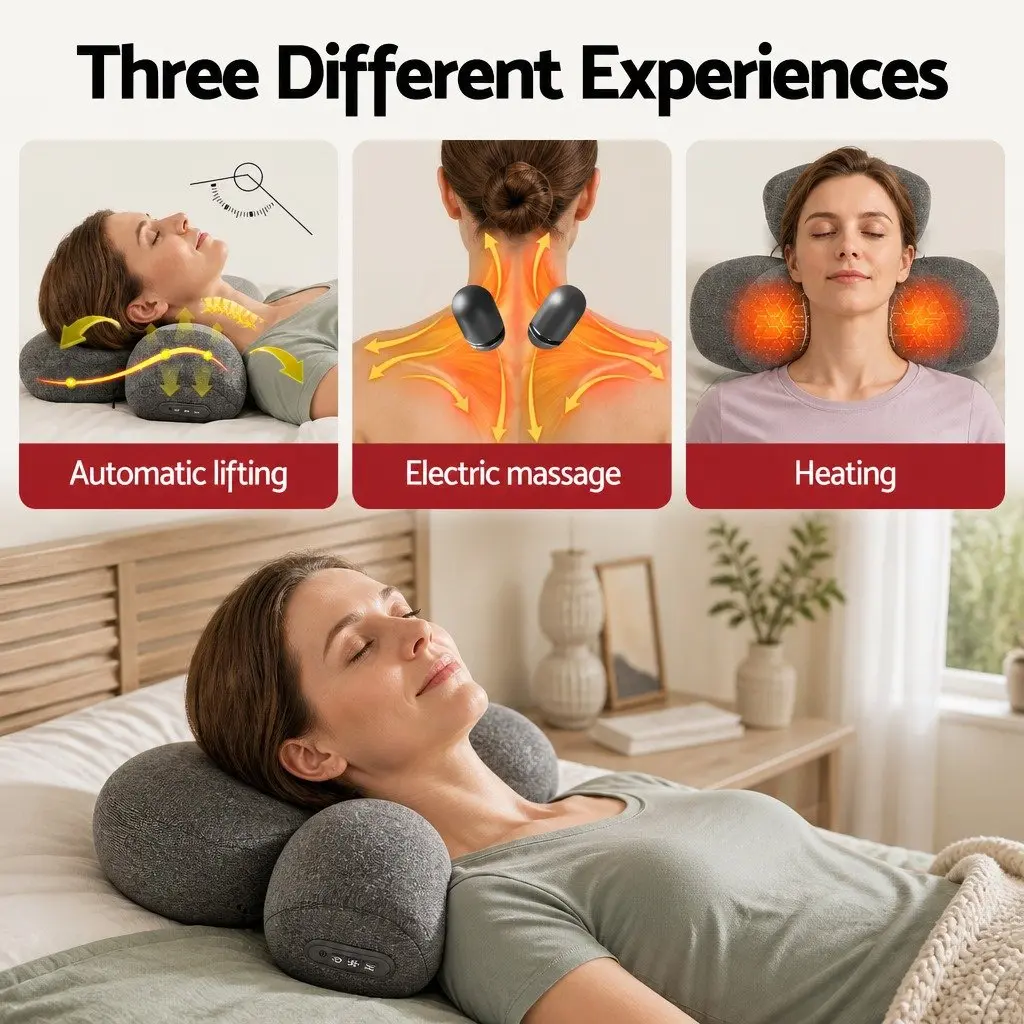 Neck Massager Pillow Memory Foam Ergonomic 2-in-1 Heat Vibration Therapy Grey