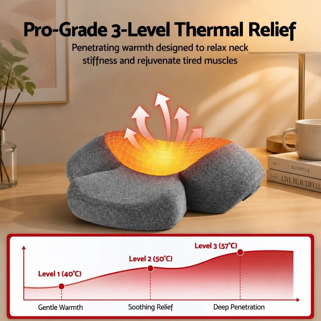 Neck Massager Pillow Memory Foam Ergonomic 2-in-1 Heat Vibration Therapy Grey