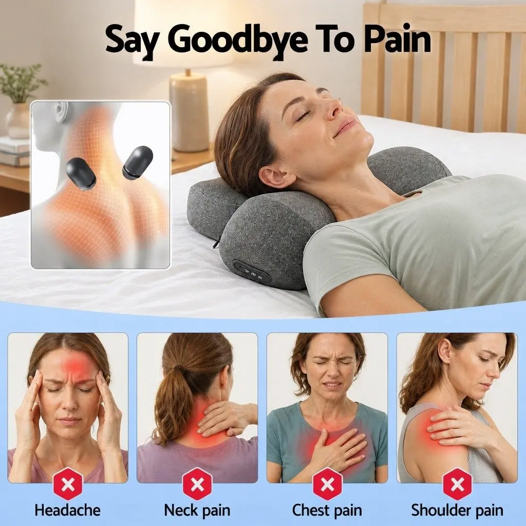 Neck Massager Pillow Memory Foam Ergonomic 2-in-1 Heat Vibration Therapy Grey