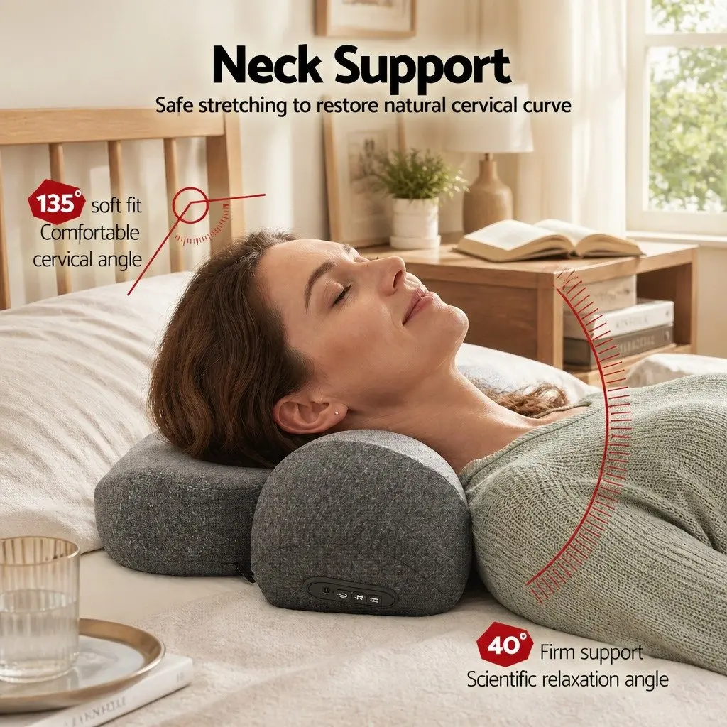 Neck Massager Pillow Memory Foam Ergonomic 2-in-1 Heat Vibration Therapy Grey