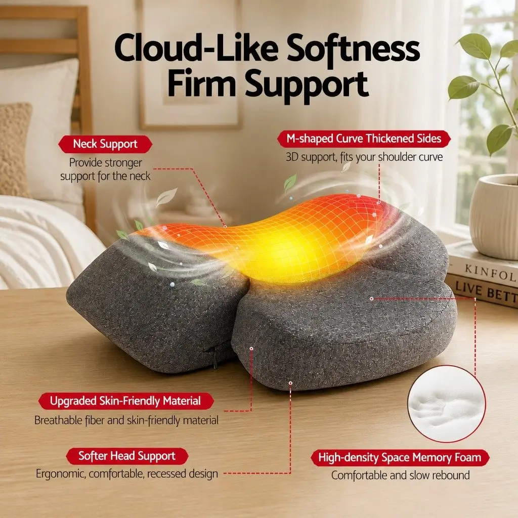 Neck Massager Pillow Memory Foam Ergonomic 2-in-1 Heat Vibration Therapy Grey