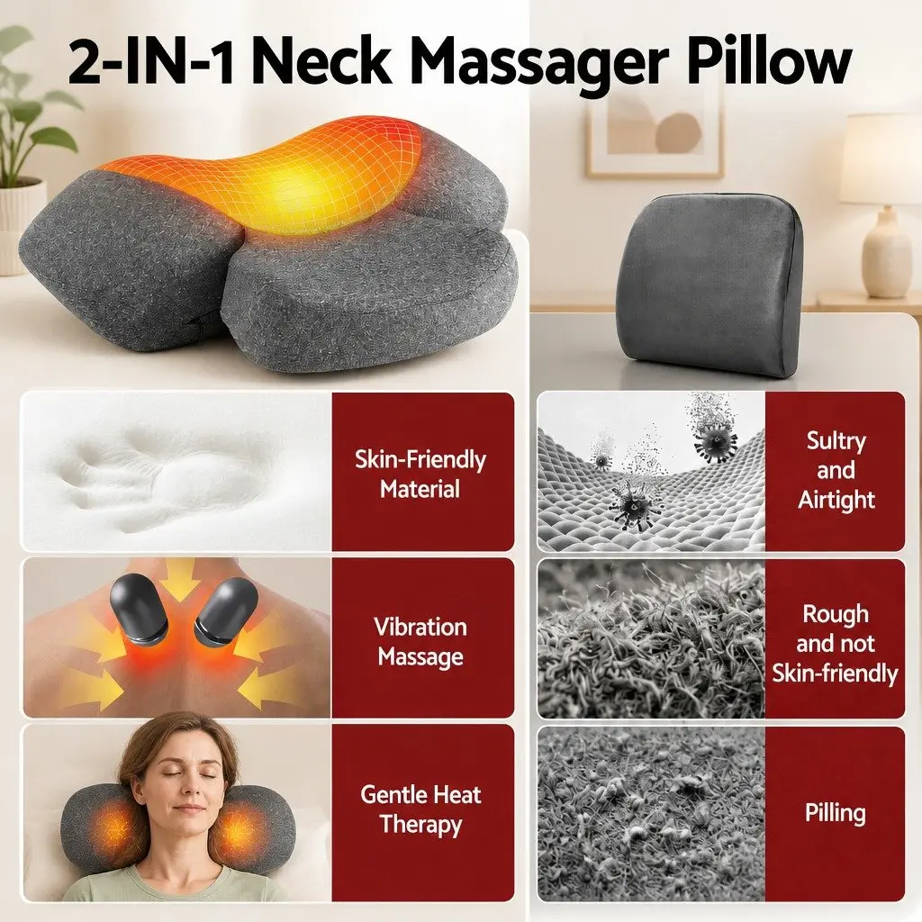 Neck Massager Pillow Memory Foam Ergonomic 2-in-1 Heat Vibration Therapy Grey