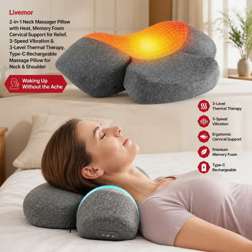 Neck Massager Pillow Memory Foam Ergonomic 2-in-1 Heat Vibration Therapy Grey