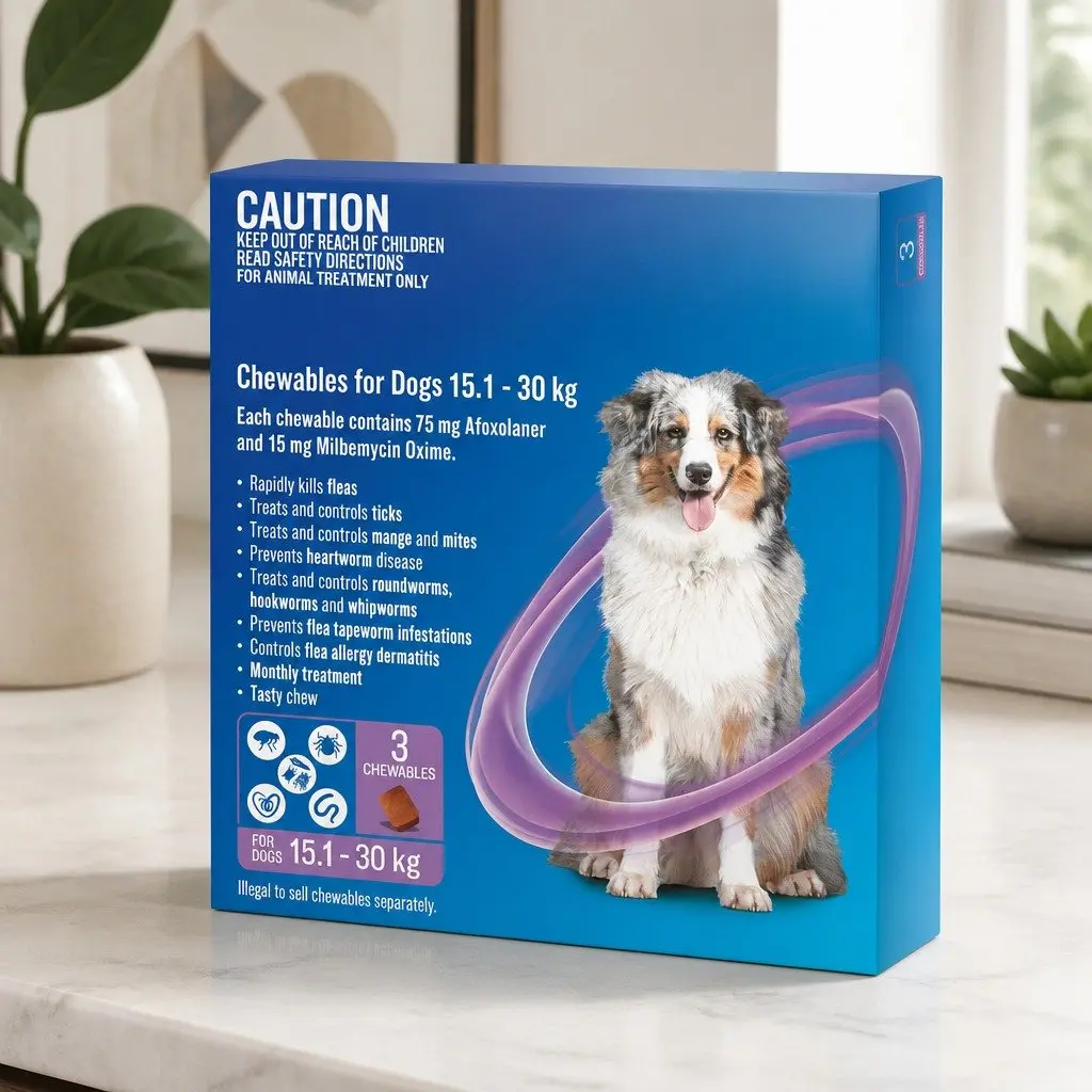 Dog Chews Monthly Treatment 15.1-30kg Beef Flavour 3 Pack Flea Tick Worm Parasite Protection