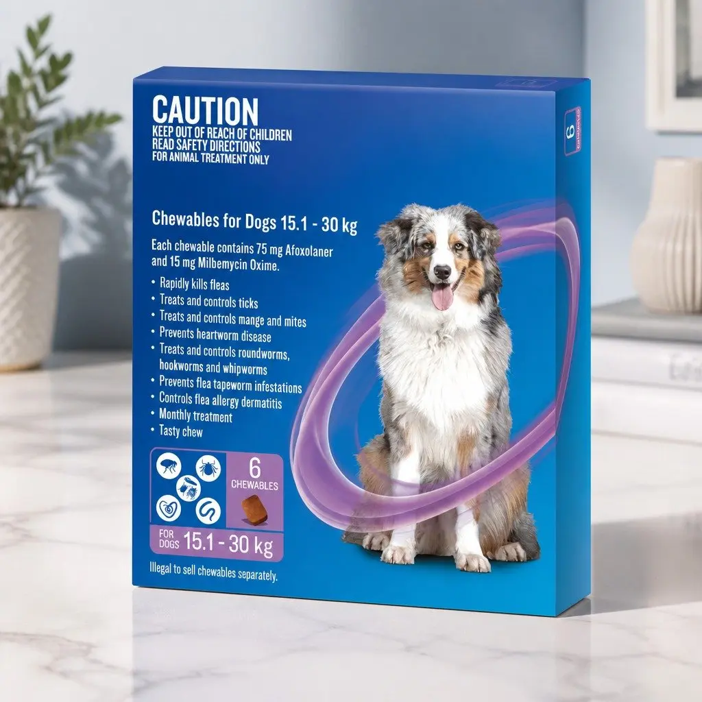 Dog Chews Monthly Treatment Beef Flavored 15.1-30kg Flea Tick Worm Heartworm 6 Pack
