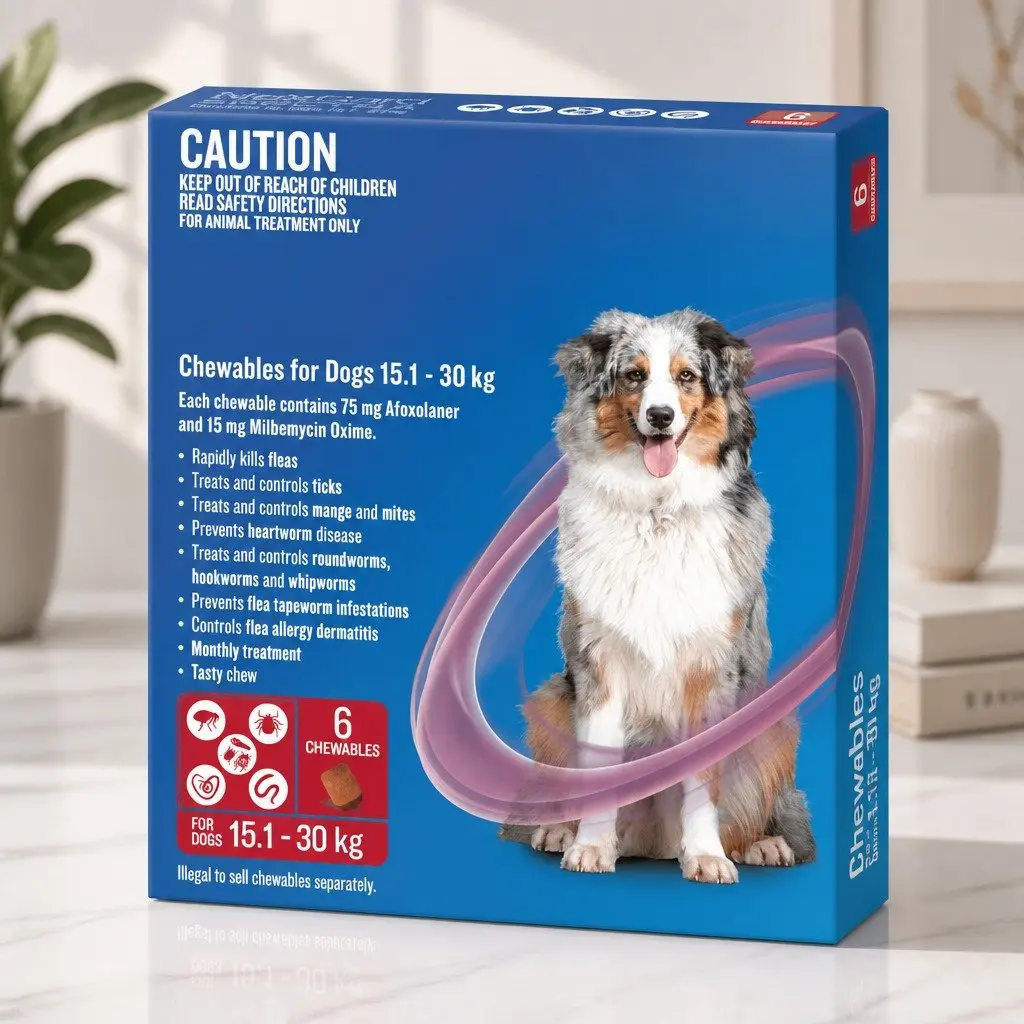 Dog Chews Monthly Treatment Beef Flavored 15.1-30kg Flea Tick Worm Heartworm 6 Pack