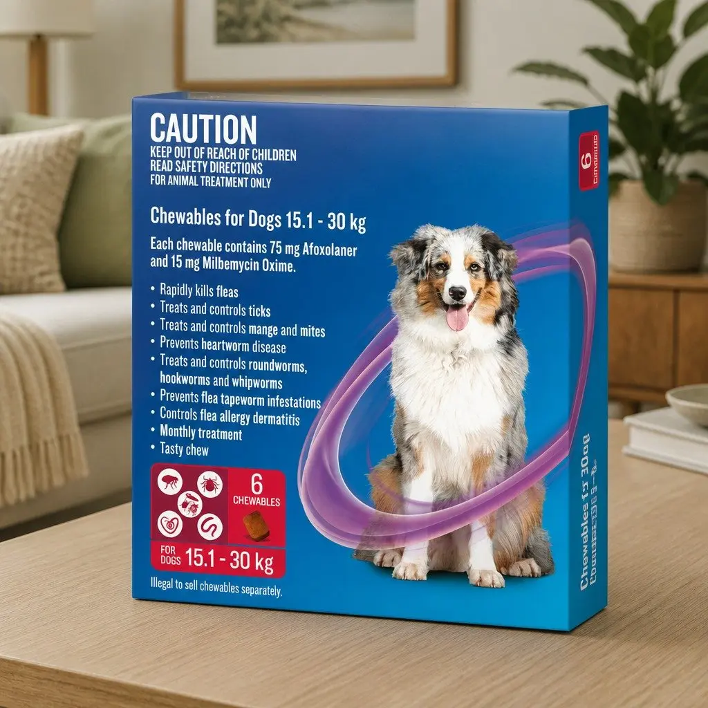 Dog Chews Monthly Treatment Beef Flavored 15.1-30kg Flea Tick Worm Heartworm 6 Pack