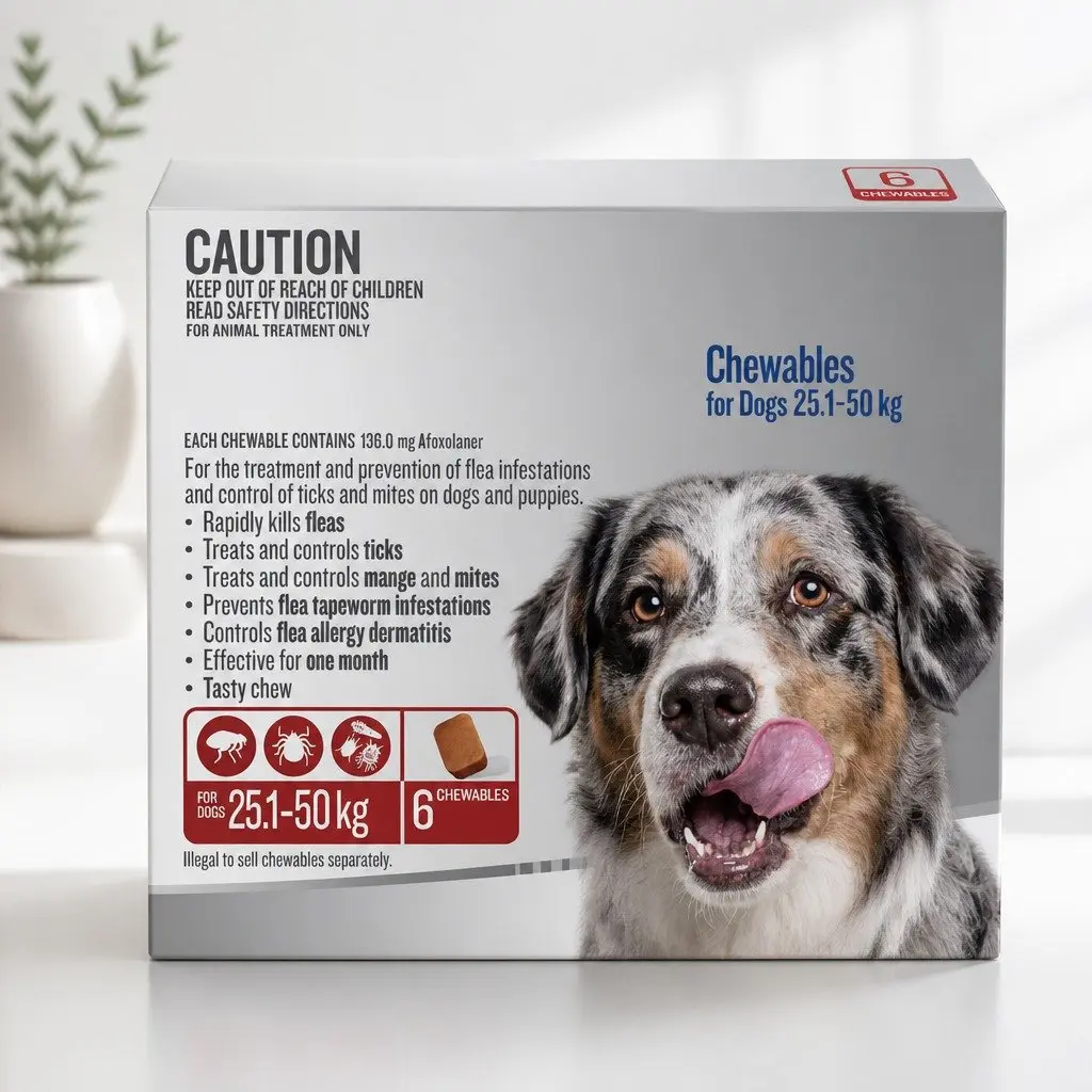 Flea and Tick Chewable Tablets for XLarge Dogs Soft Chew 25.1-50kg Red 6 Pack