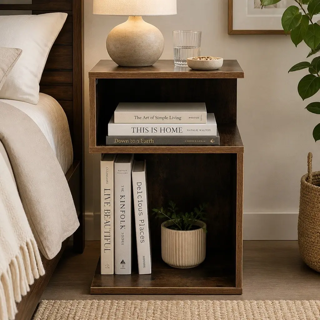 Oak Bedside Table with Open Shelves for Storage