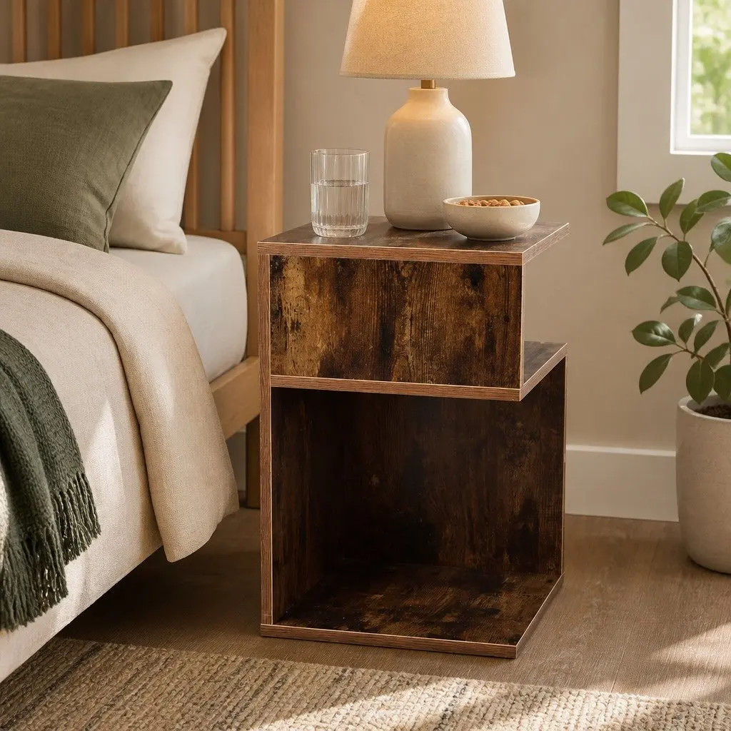 Oak Bedside Table with Open Shelves for Storage