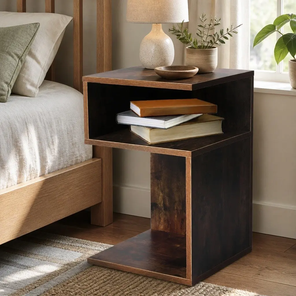 Oak Bedside Table with Open Shelves for Storage