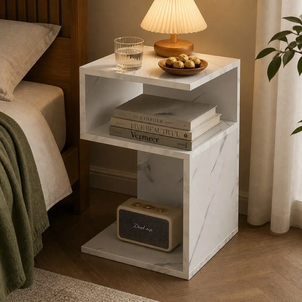 Bedside Table Particle Board Marbled White Open Shelves 33cm x 33cm x 50cm