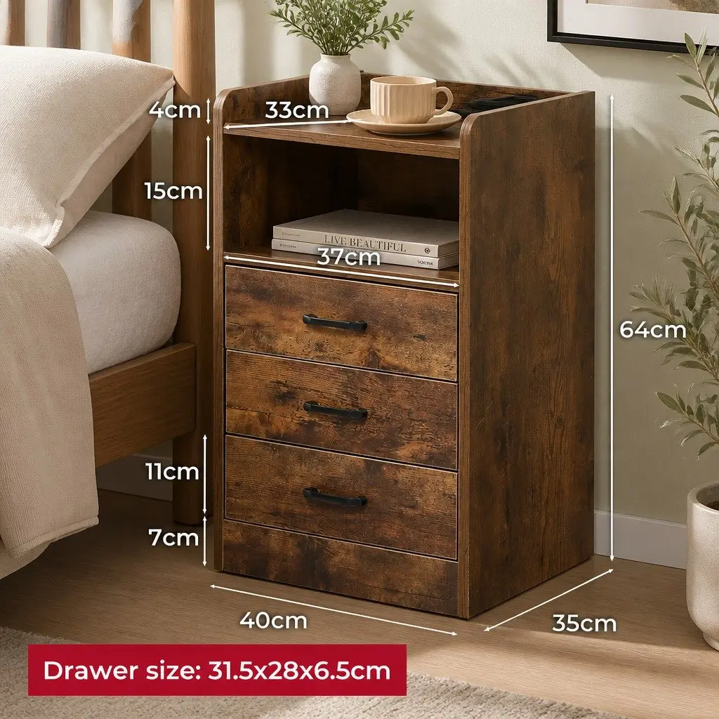 Bedside Table MDF Oak with LED Light USB Charger Outlet 3 Drawers