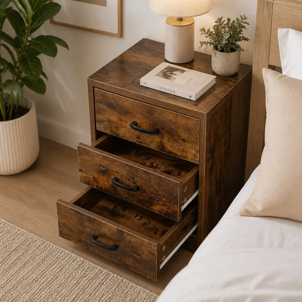 Bedside Table MDF Oak with LED Light USB Charger Outlet 3 Drawers