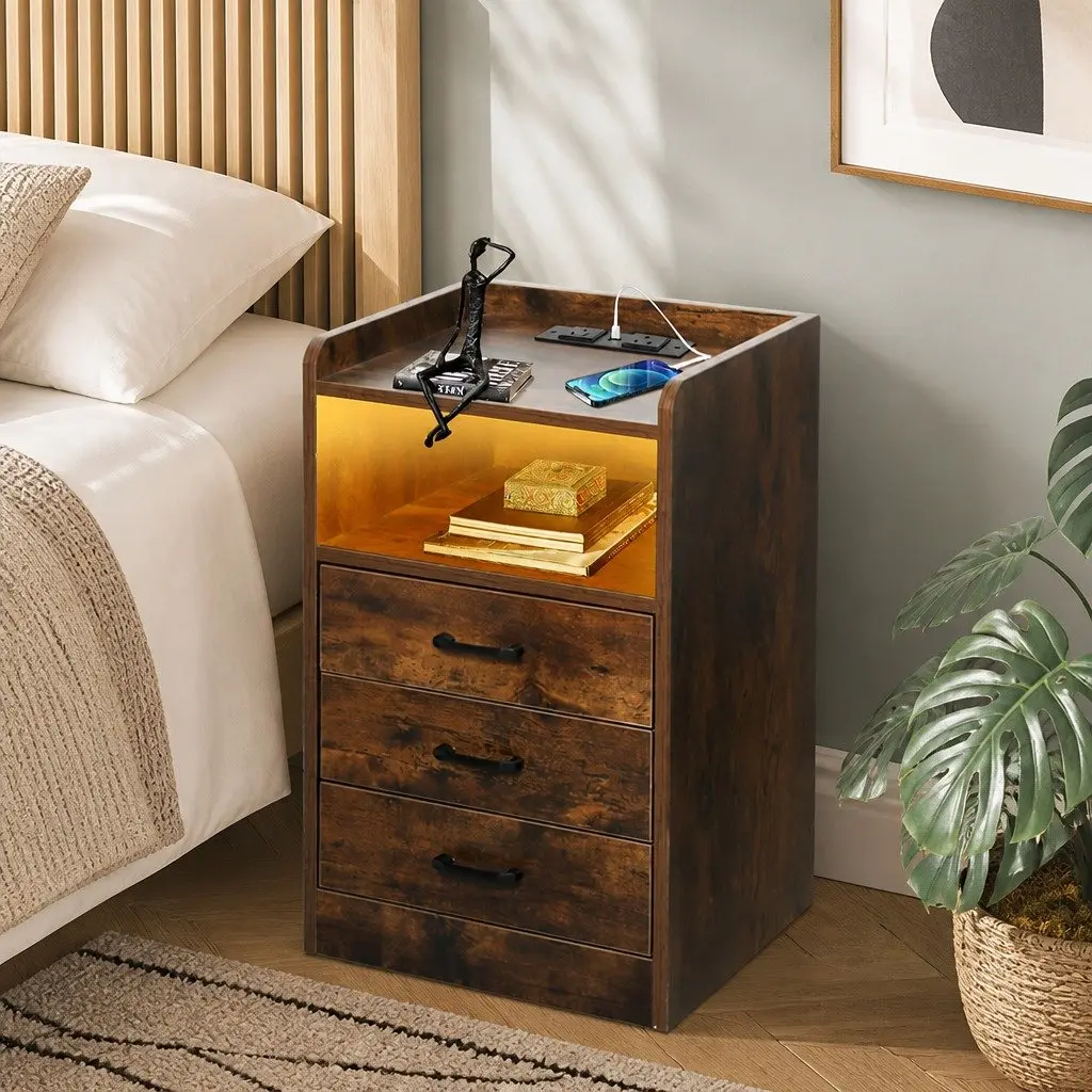 Bedside Table MDF Oak with LED Light USB Charger Outlet 3 Drawers