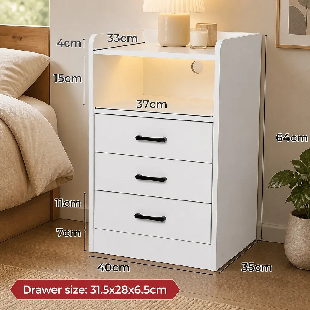 Bedside Table Particleboard MDF 40cm x 35cm x 64cm White with LED Light USB Charger Outlet 3 Drawers Nightstand Bedroom