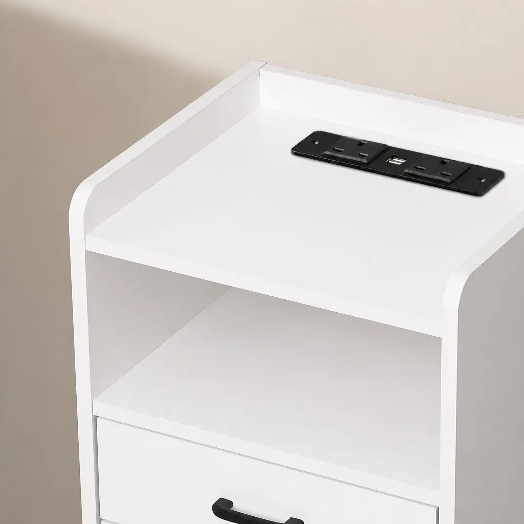 Bedside Table Particleboard MDF 40cm x 35cm x 64cm White with LED Light USB Charger Outlet 3 Drawers Nightstand Bedroom