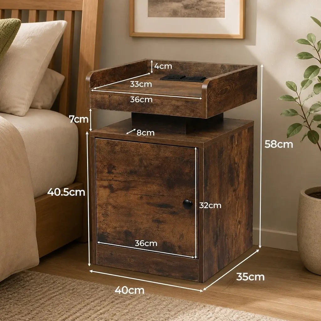 Bedside Table Oak with USB Charger Outlets RGB LED Lighting Storage 40cm x 35cm x 58cm