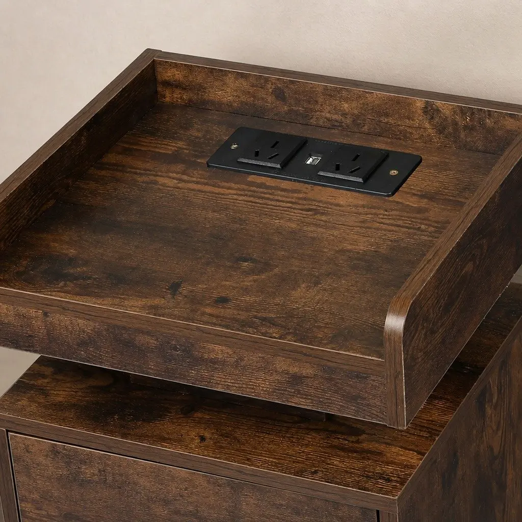 Bedside Table Oak with USB Charger Outlets RGB LED Lighting Storage 40cm x 35cm x 58cm