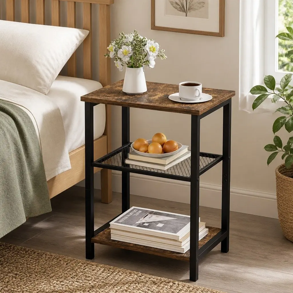 3-Tier Side Table Storage Shelves Black Metal Frame MDF Brown and Black Compact Space-Saving