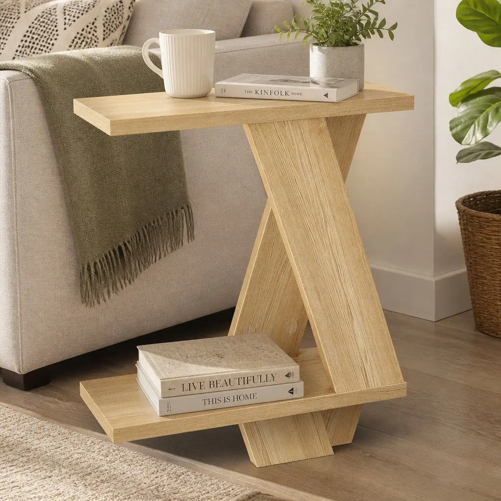 Slim Side Table Storage Compact Coffee Table Two-Tier Design Oak