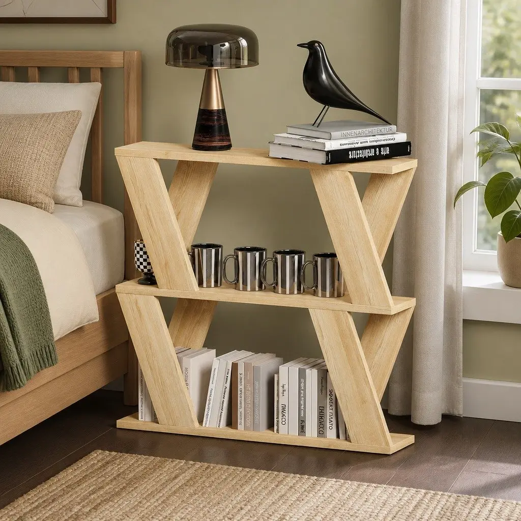 Slim Side Table Storage Compact Coffee Table Two-Tier Design Oak
