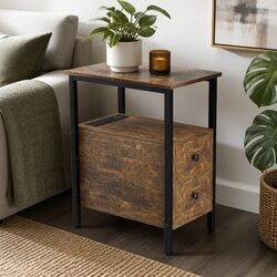 Side Table Narrow End Table with Charging Station USB Ports Drawers Storage