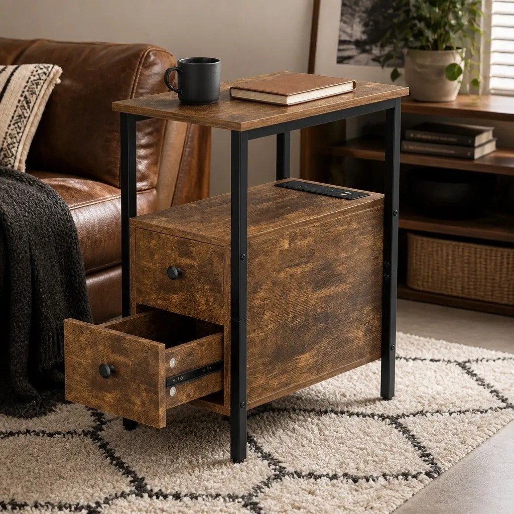 Narrow End Table with Charging and Storage