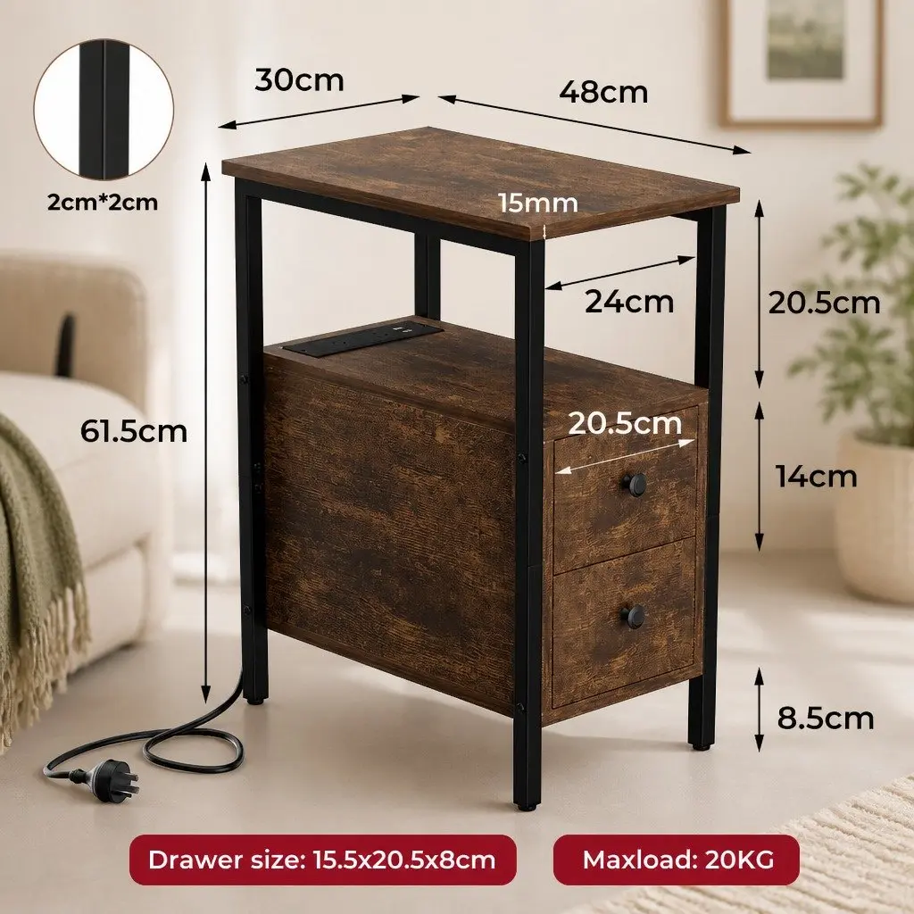 Narrow End Table with Charging and Storage