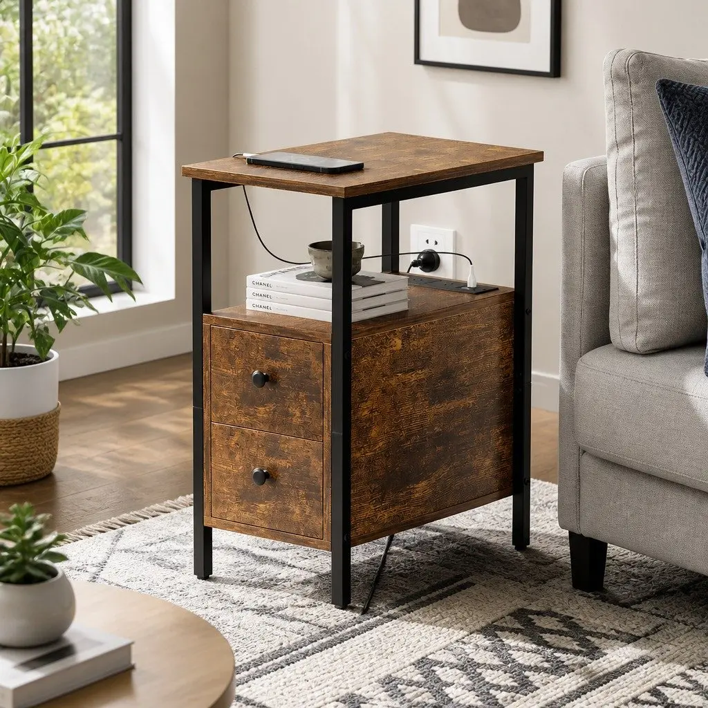 Narrow End Table with Charging and Storage