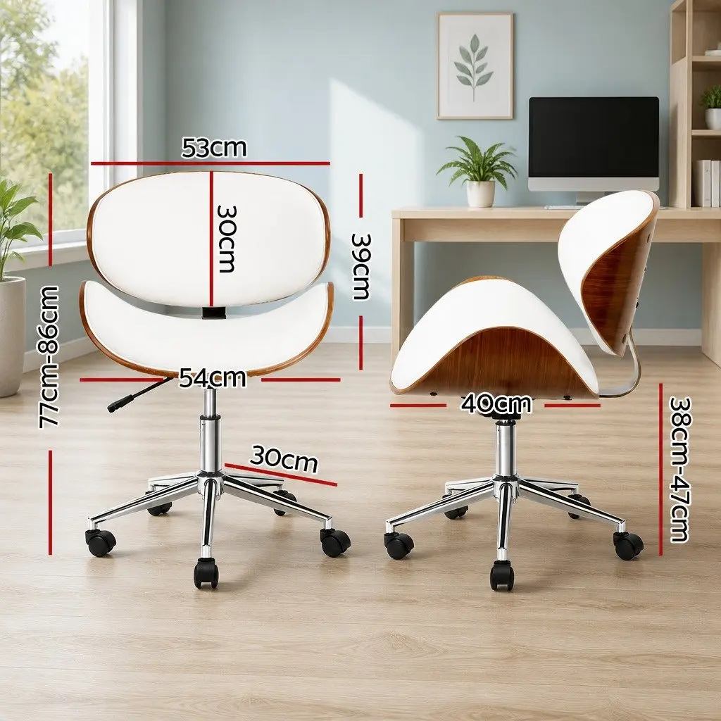 Office Chair Wooden Frame Adjustable Height White PU Leather Seat Swivel Castor Wheels