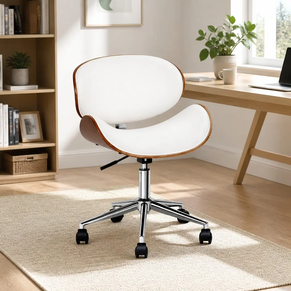 Office Chair Wooden Frame Adjustable Height White PU Leather Seat Swivel Castor Wheels