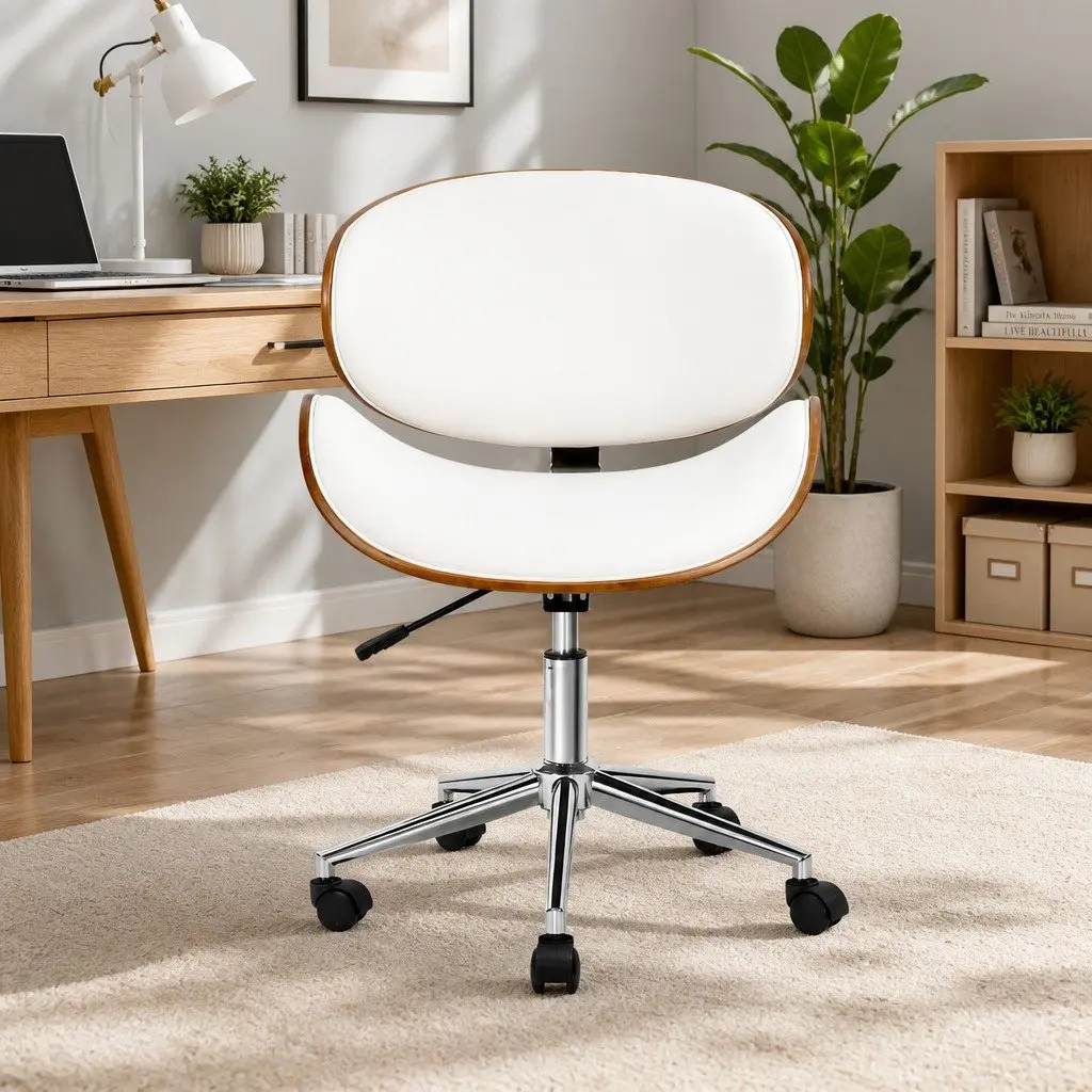 Office Chair Wooden Frame Adjustable Height White PU Leather Seat Swivel Castor Wheels