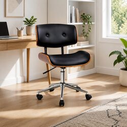 Office Chair Wooden Frame PU Leather Seat Swivel Height Adjustable Black
