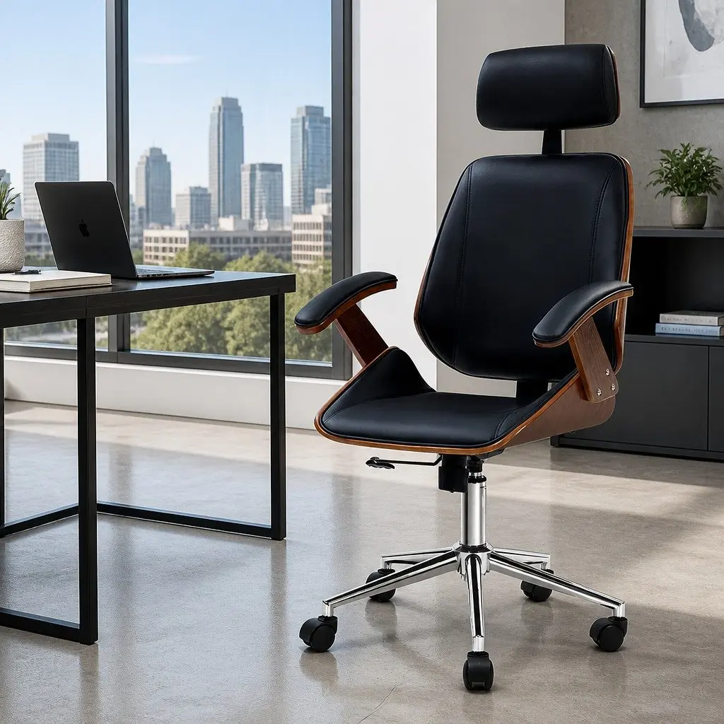 Office Chair Wooden Frame Black PU Leather Seat Swivel Height Adjustable Ergonomic