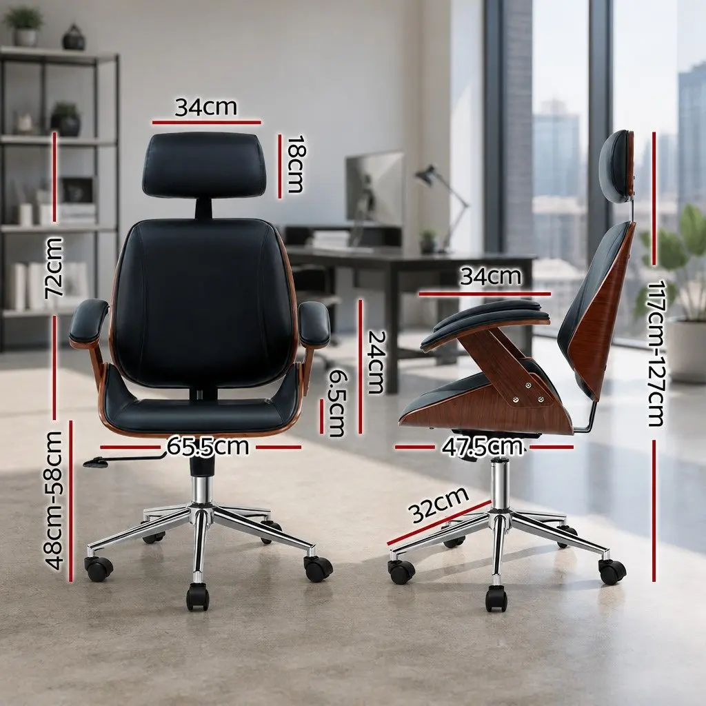 Office Chair Wooden Frame Black PU Leather Seat Swivel Height Adjustable Ergonomic