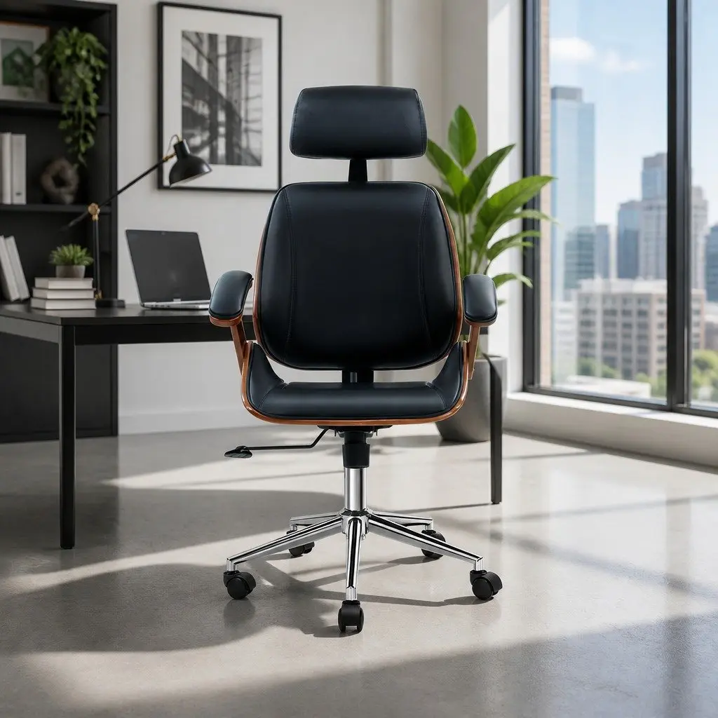 Office Chair Wooden Frame Black PU Leather Seat Swivel Height Adjustable Ergonomic