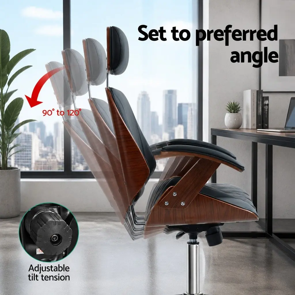 Office Chair Wooden Frame Black PU Leather Seat Swivel Height Adjustable Ergonomic