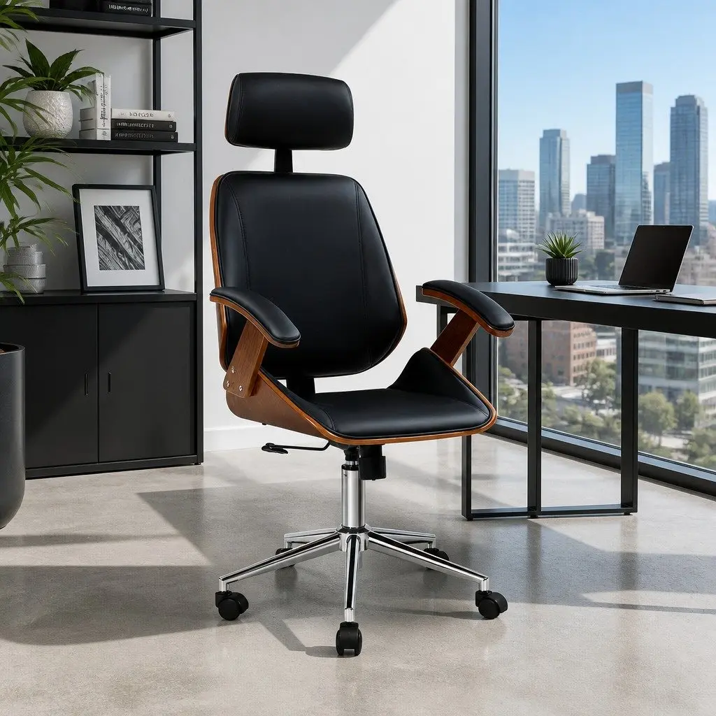 Office Chair Wooden Frame Black PU Leather Seat Swivel Height Adjustable Ergonomic